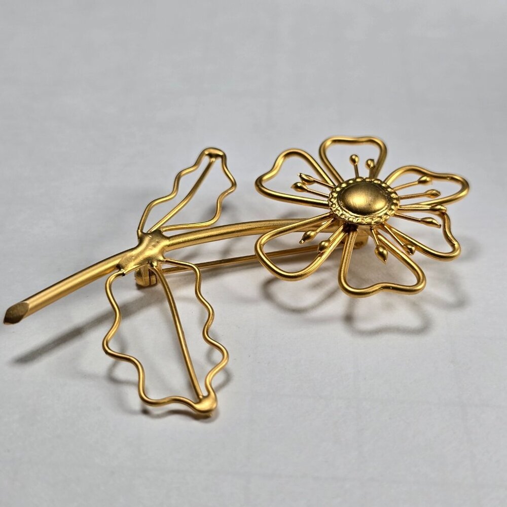 Gold Tone Flower Brooch Open Wire Daisy Mid Century Modernist Statement Vintage - Picture 3 of 10
